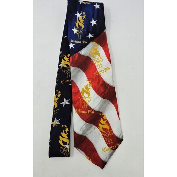 NOS VINTAGE OLYMPICS RED WHITE NECKTIE MENSWEAR TIE ATLANTA 1996 RALPH MARLIN - Picture 3 of 10